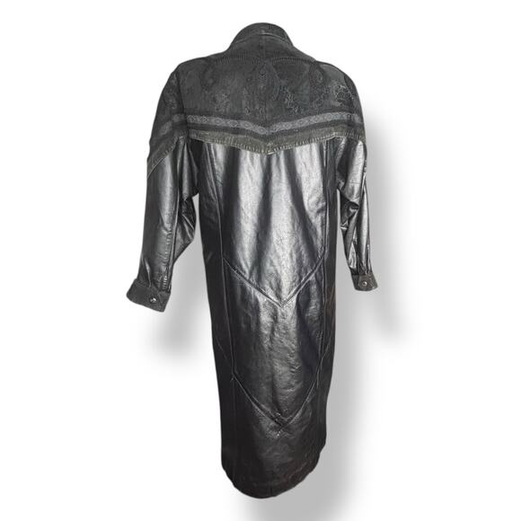 Vintage Wilsons Leather Black Long Trench Coat Suede Embossed Floral Detail - Picture 11 of 16